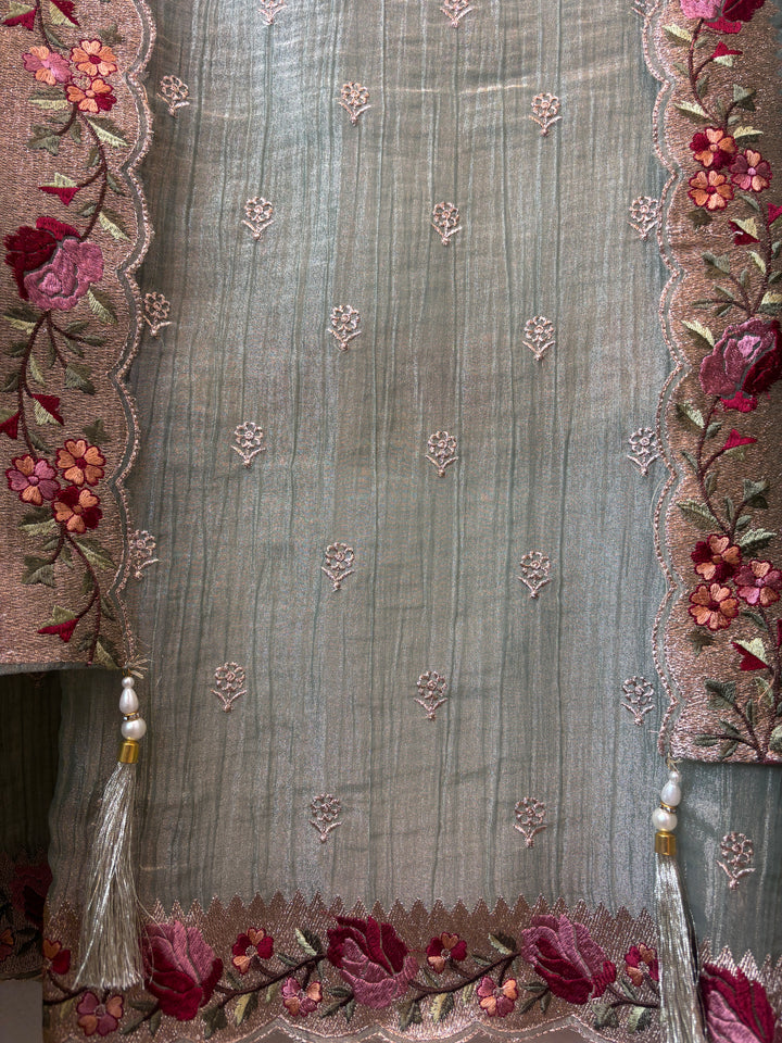 Sage Green Crush Tissue Zari Rose Embroidery Suit