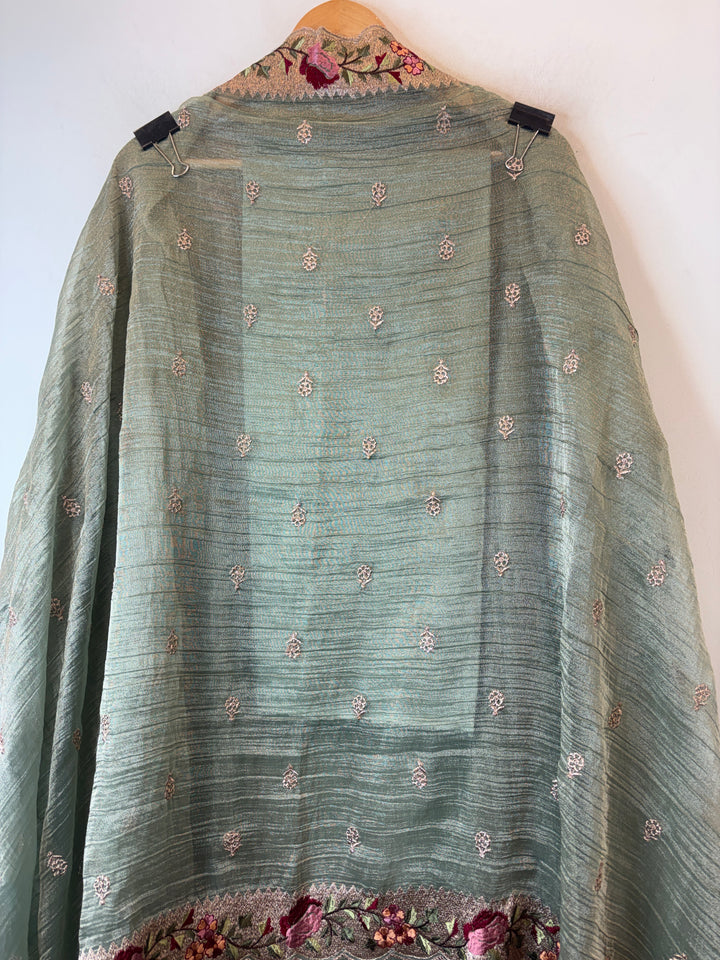 Sage Green Crush Tissue Zari Rose Embroidery Suit