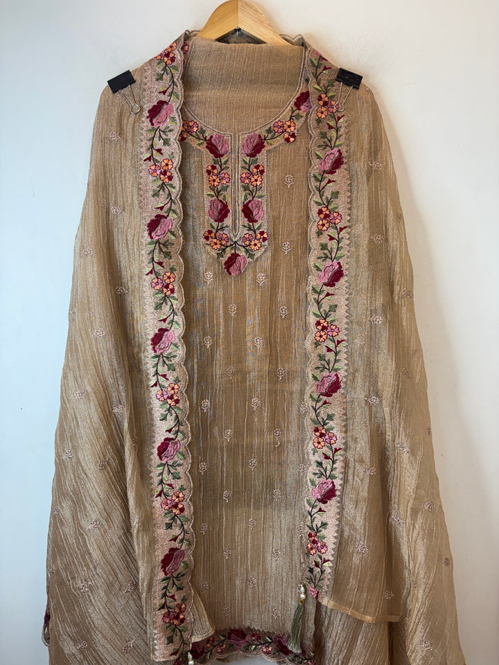 Taupe Beige Crush Tissue Zari Rose Embroidery Suit