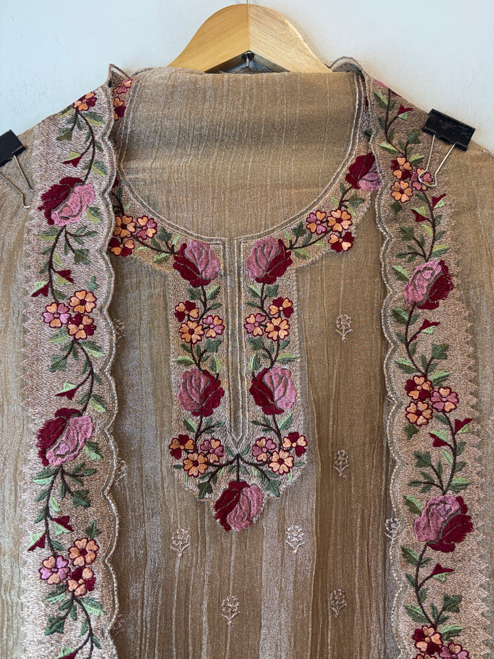 Taupe Beige Crush Tissue Zari Rose Embroidery Suit