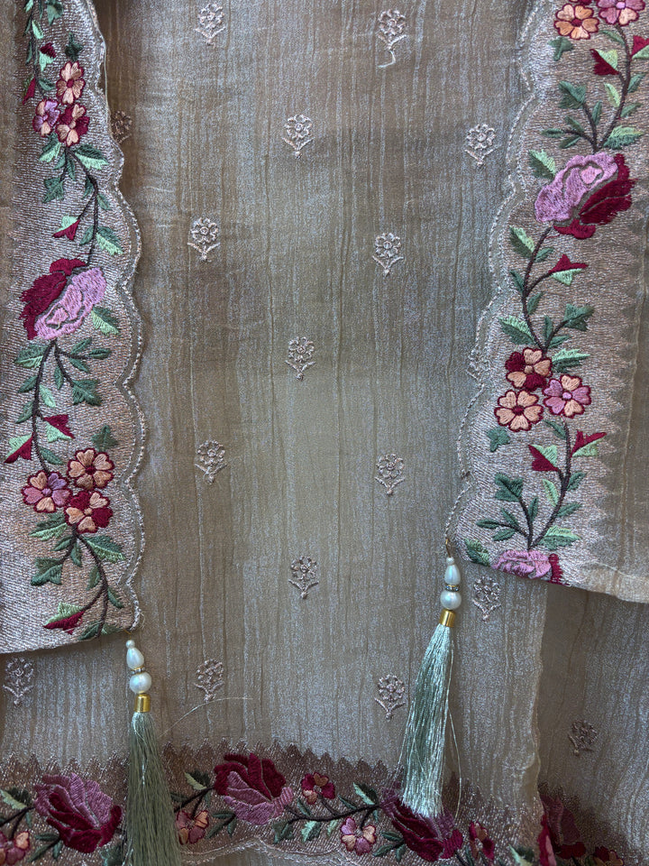 Taupe Beige Crush Tissue Zari Rose Embroidery Suit