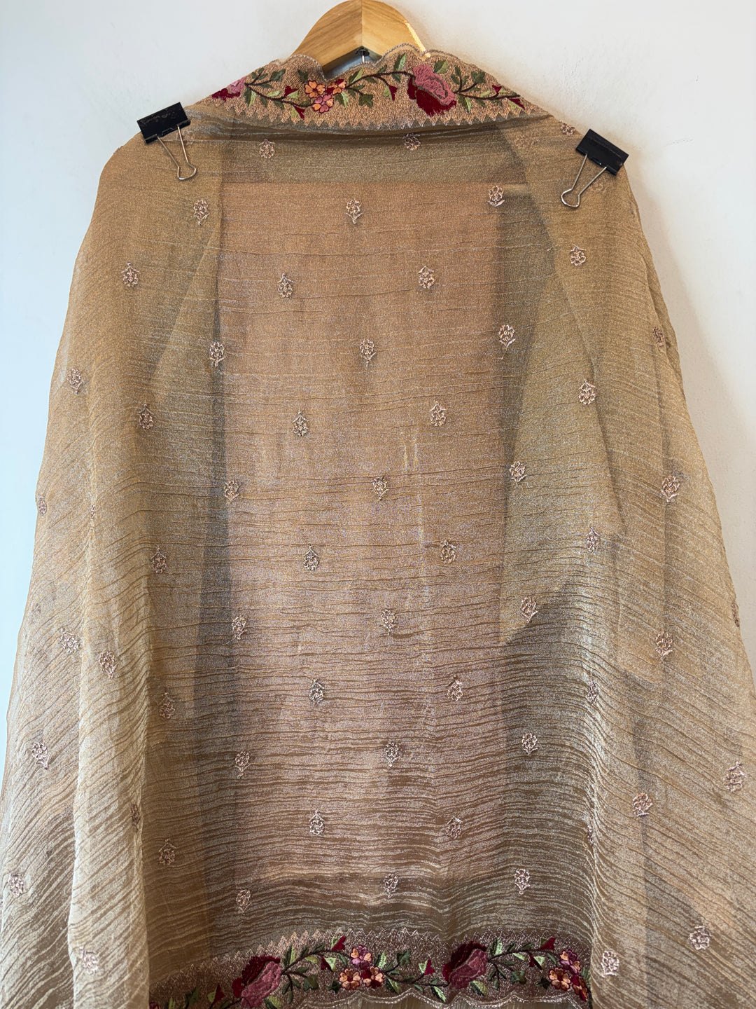 Taupe Beige Crush Tissue Zari Rose Embroidery Suit