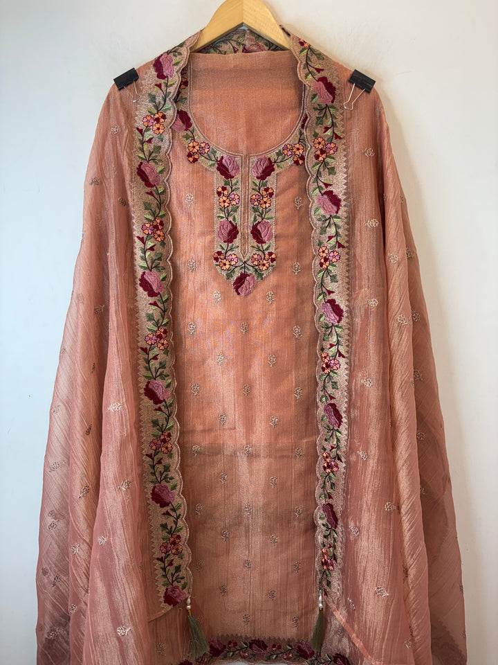 Dusky Rose Pink Crush Tissue Zari Rose Embroidery Suit