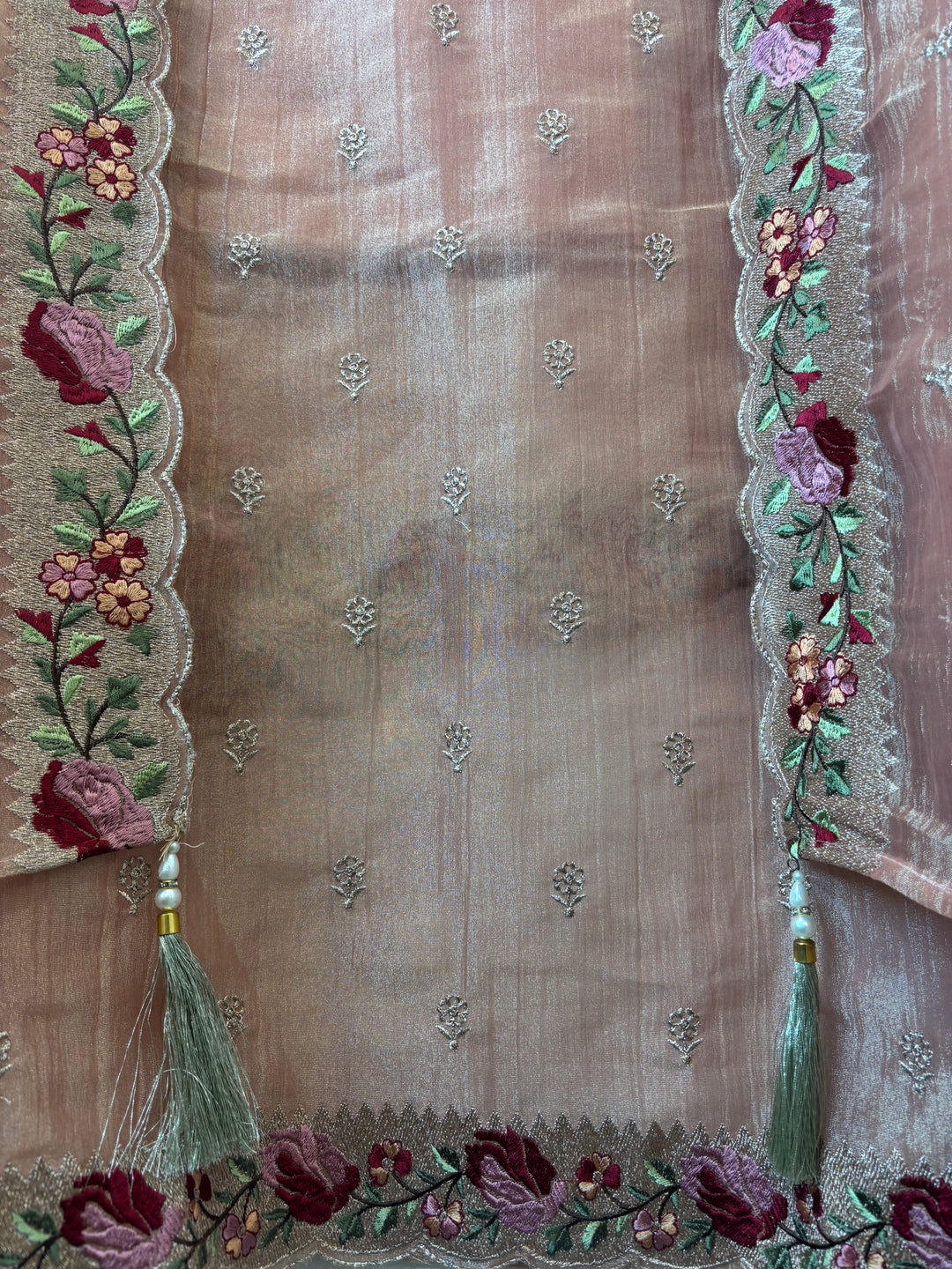 Dusky Rose Pink Crush Tissue Zari Rose Embroidery Suit