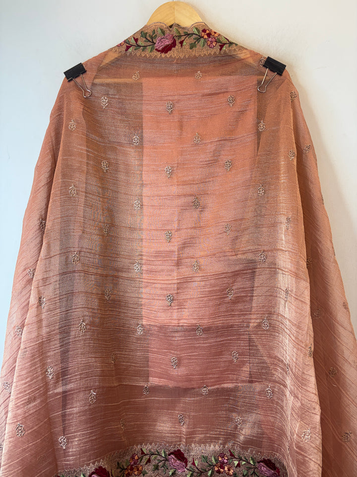 Dusky Rose Pink Crush Tissue Zari Rose Embroidery Suit