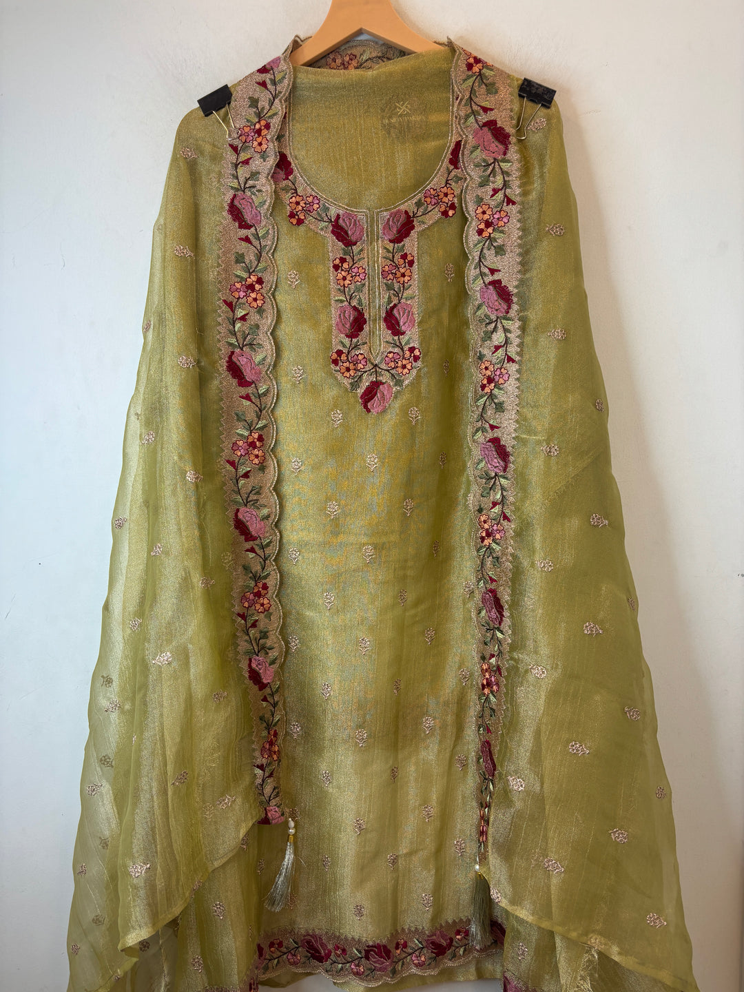 Olive Green Crush Tissue Zari Rose Embroidery Suit