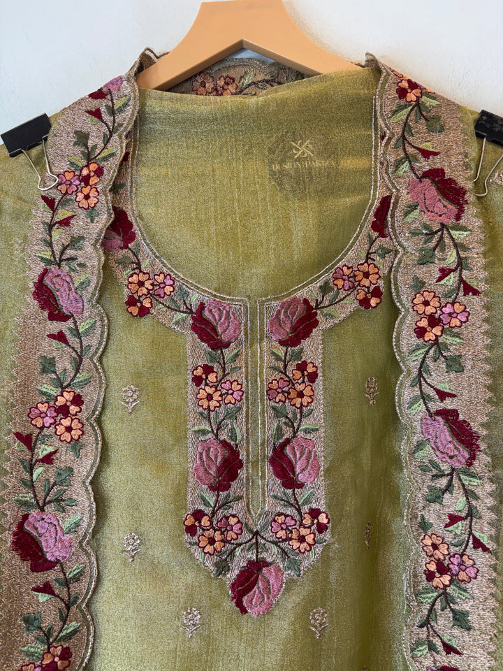 Olive Green Crush Tissue Zari Rose Embroidery Suit