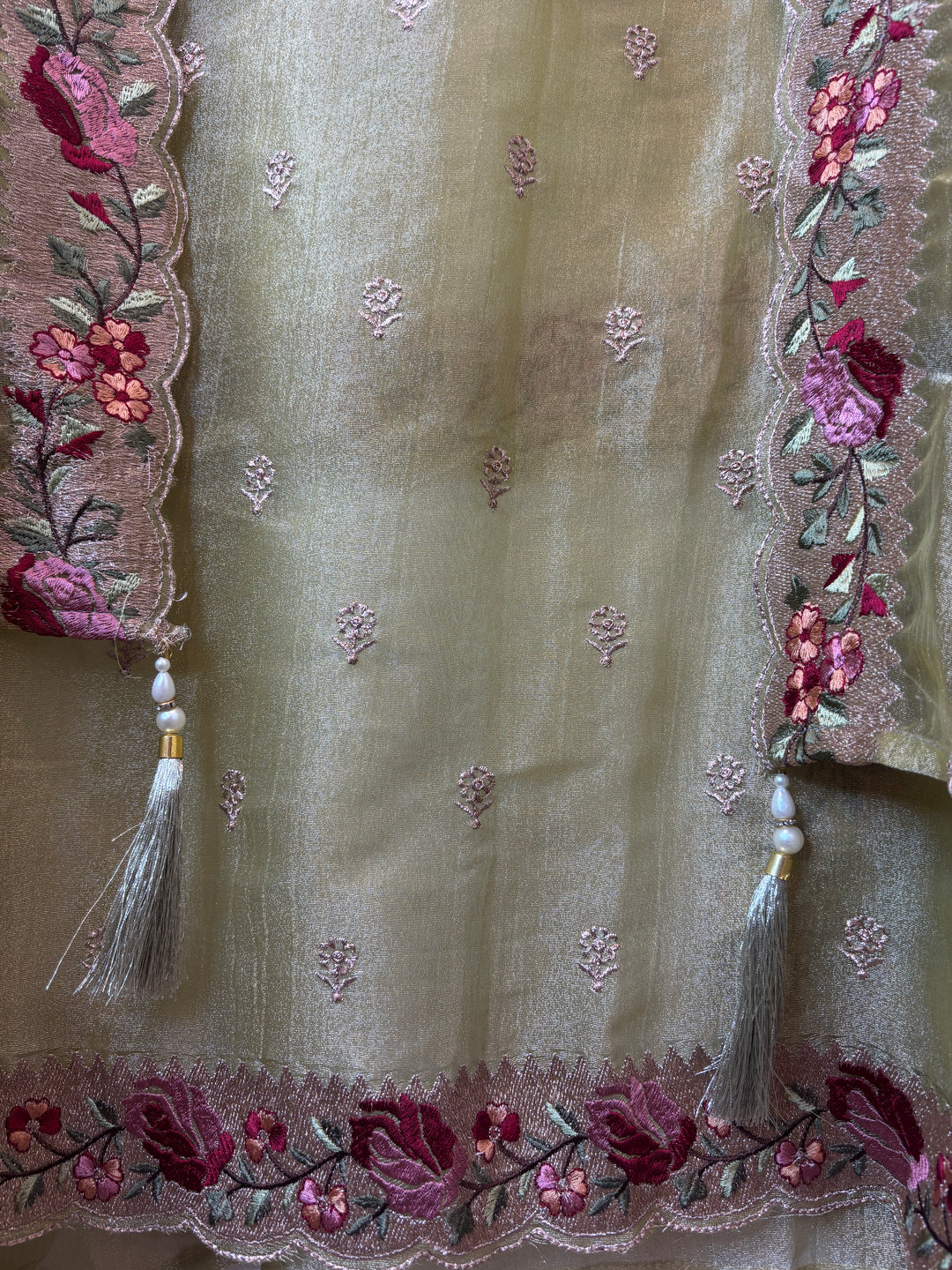 Olive Green Crush Tissue Zari Rose Embroidery Suit