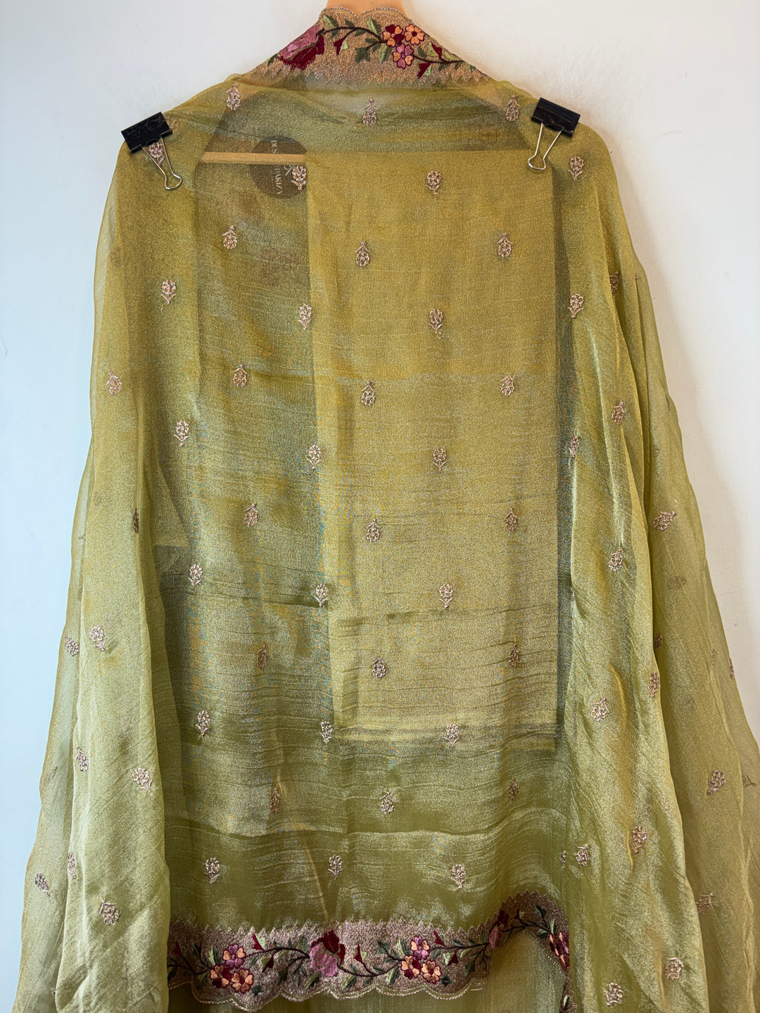 Olive Green Crush Tissue Zari Rose Embroidery Suit