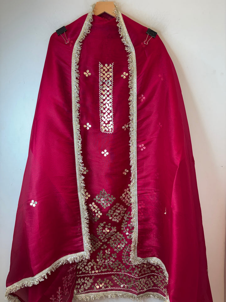 Aaira – Hot Pink Organza Shimmer Leather Patch Suit