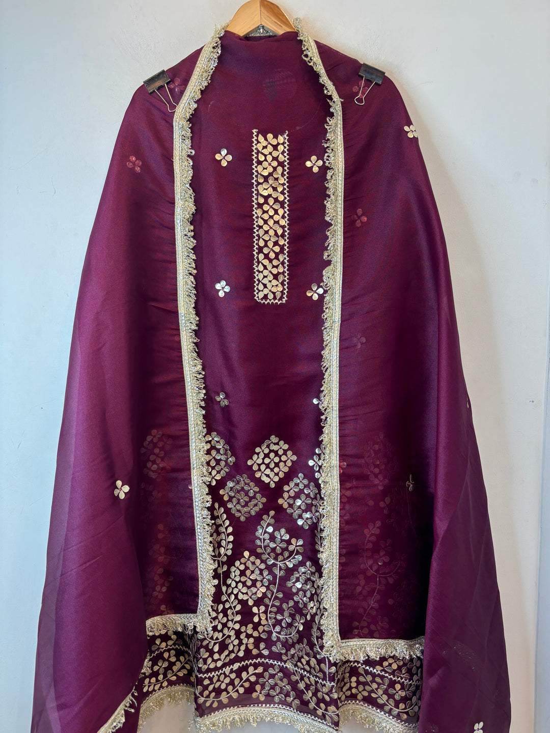 Aaira – Purple Organza Shimmer Leather Patch Suit