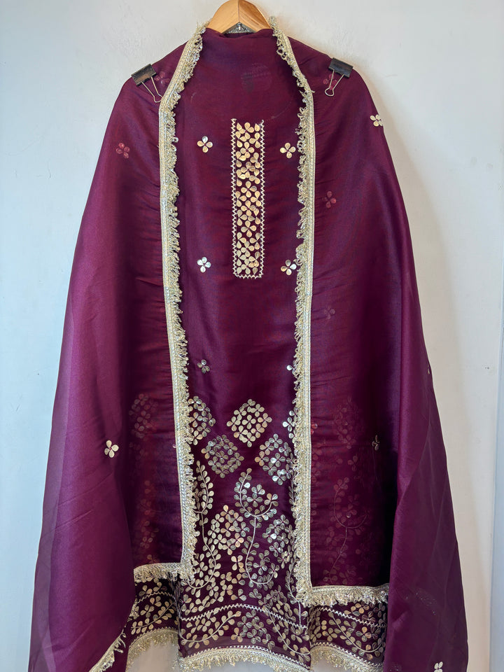 Aaira – Purple Organza Shimmer Leather Patch Suit