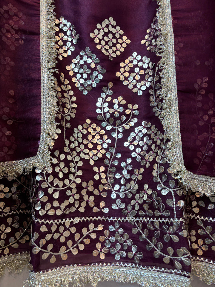 Aaira – Purple Organza Shimmer Leather Patch Suit