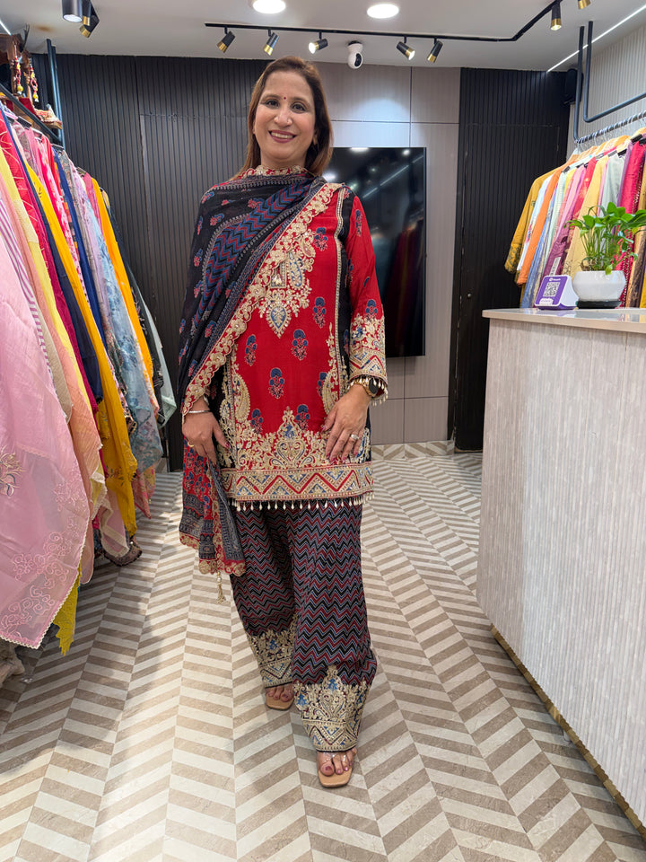 Noorika – Maroon Chinon Ajrak Printed Dori Work Suit