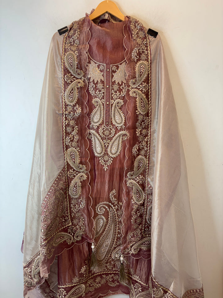 Alaya – Dusty Mauve Crush Tissue Zari Dori Appliqué Suit