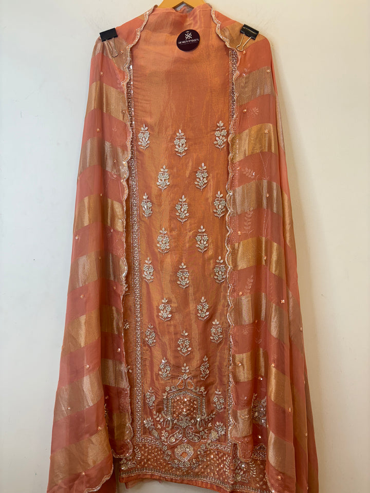 Naaz – Shimmer Tissue Suit with 3D Florals