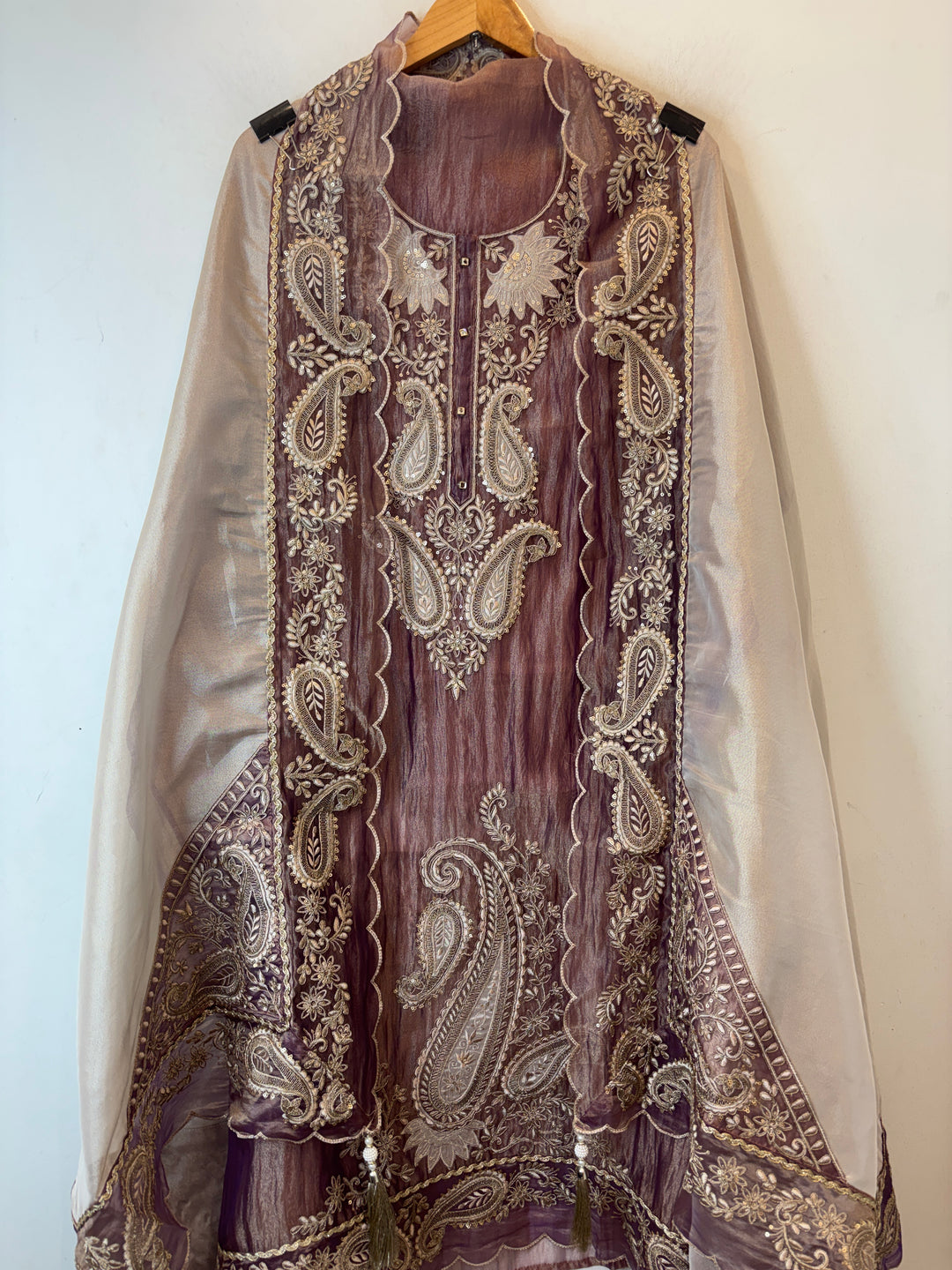 Alaya – Plum Brown Crush Tissue Zari Dori Appliqué Suit