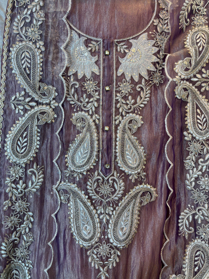 Alaya – Plum Brown Crush Tissue Zari Dori Appliqué Suit