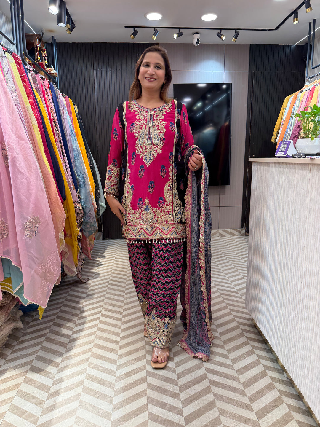 Noorika – Pink Chinon Ajrak Printed Dori Work Suit