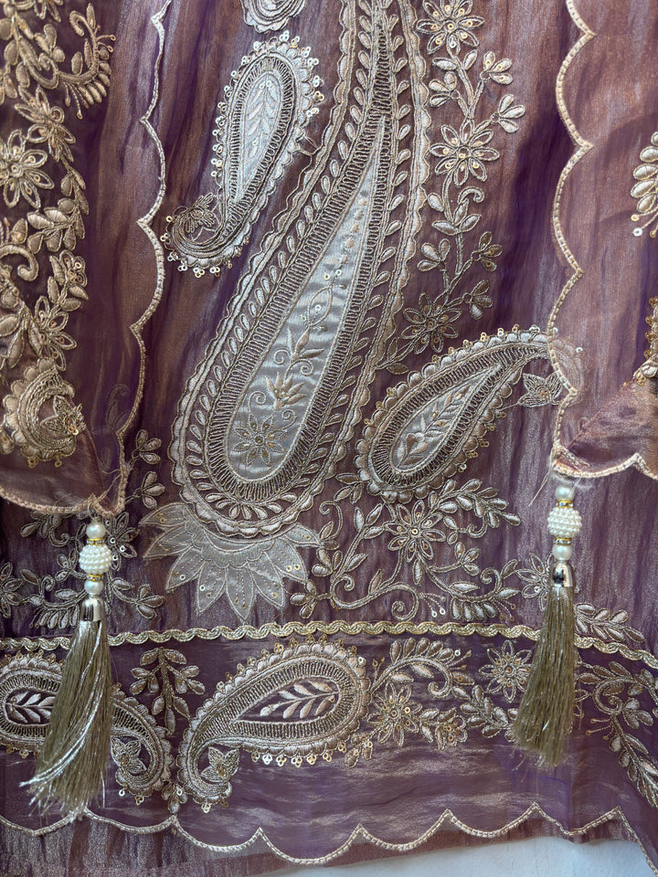 Alaya – Plum Brown Crush Tissue Zari Dori Appliqué Suit