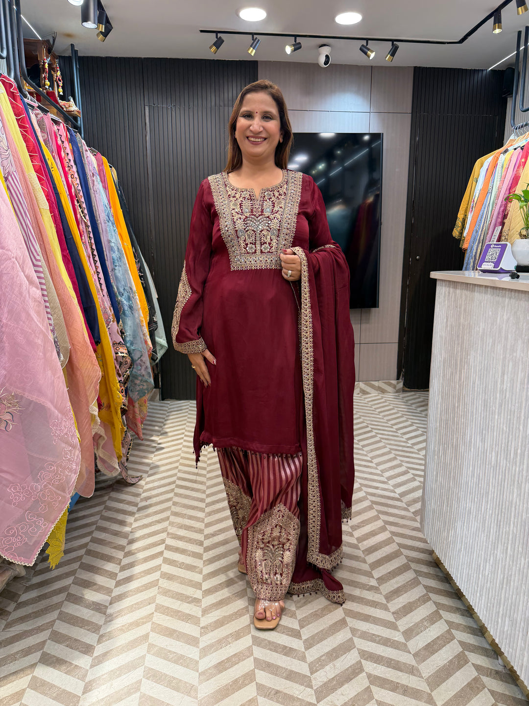 Meherza – Wine Satin Organza Farshi Salwar Suit