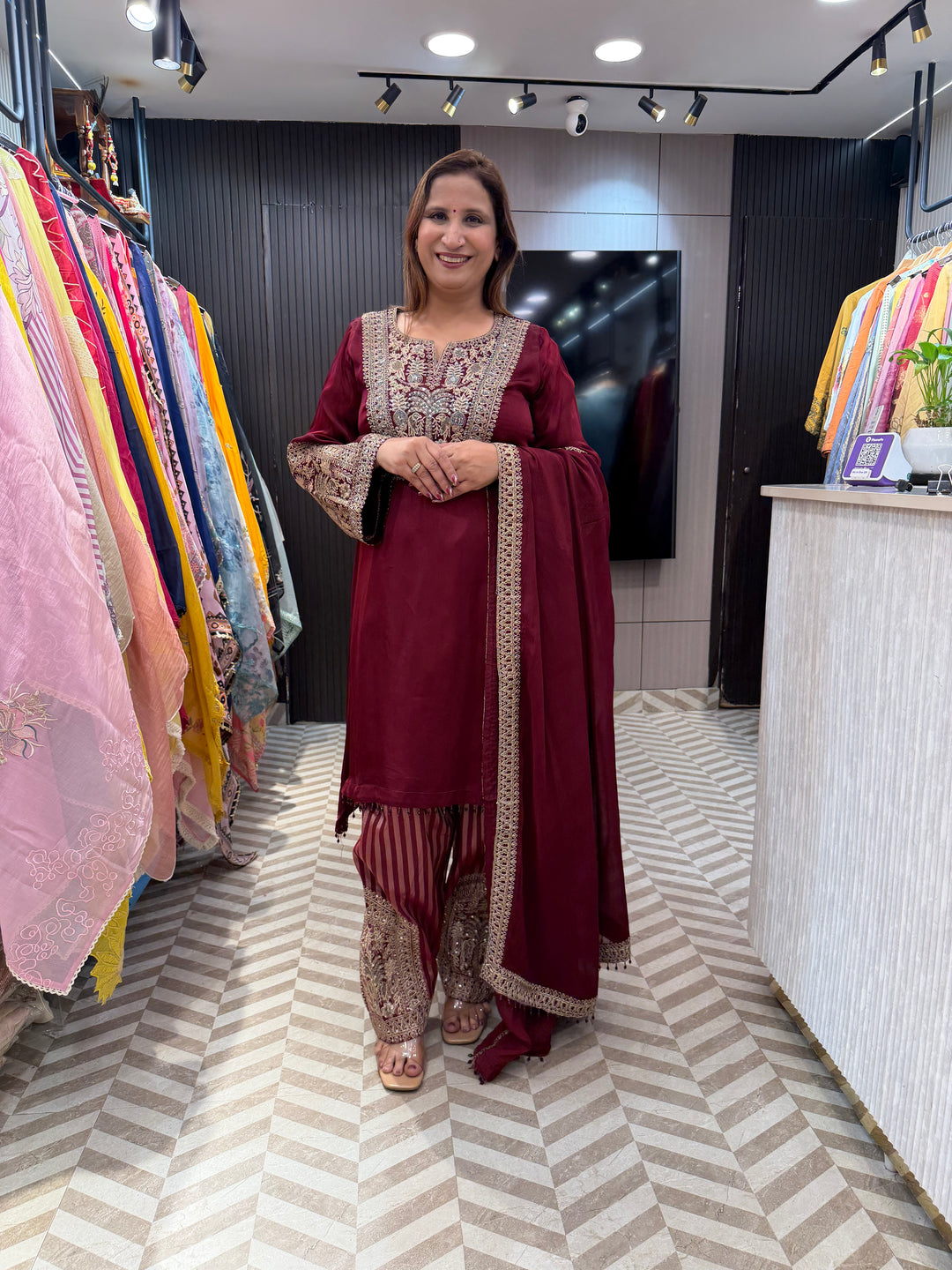 Meherza – Wine Satin Organza Farshi Salwar Suit