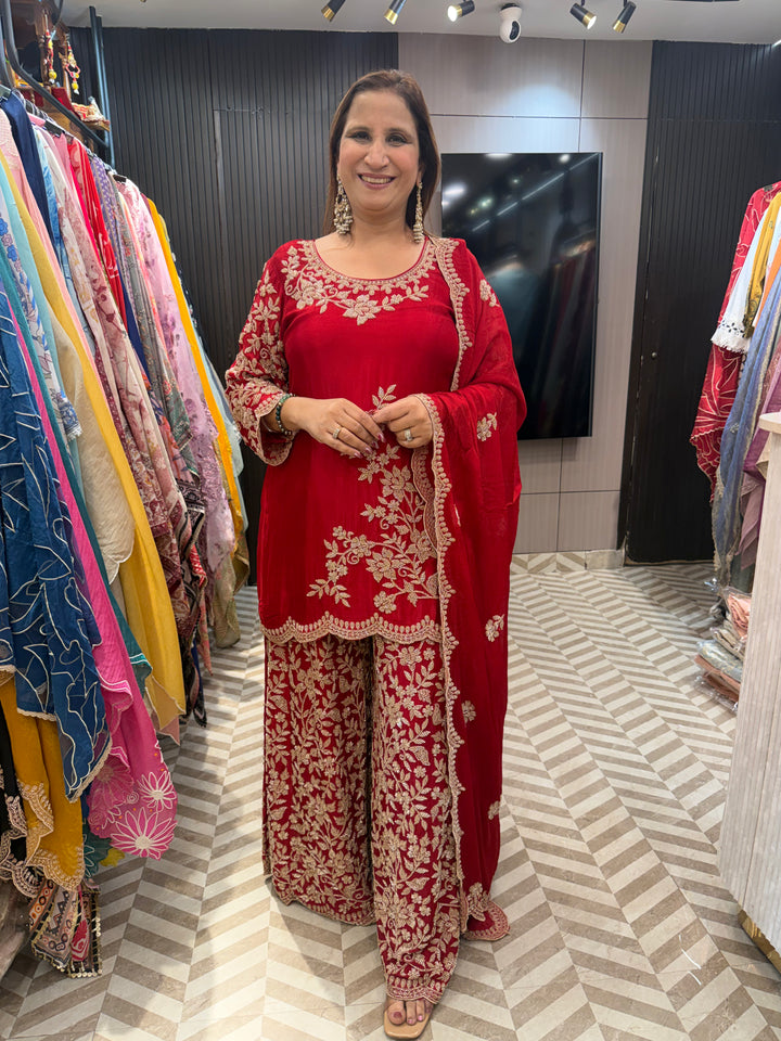 Red Embellished Chinon Sharara Set