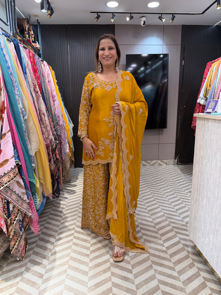 Yellow Embellished Chinon Sharara Set