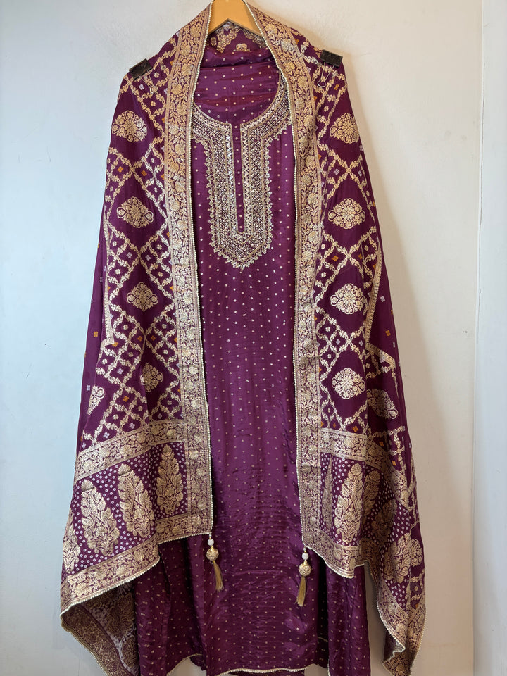 Deep Purple Pure Silk Banarasi Embroidered Ensemble