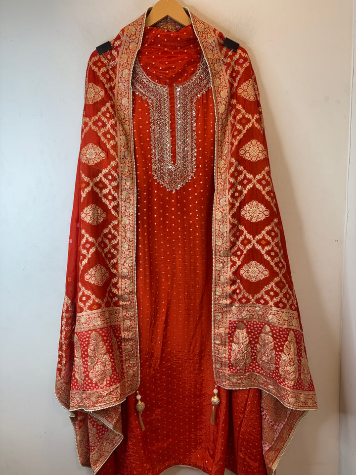Rust Orange Pure Silk Banarasi Embroidered Ensemble