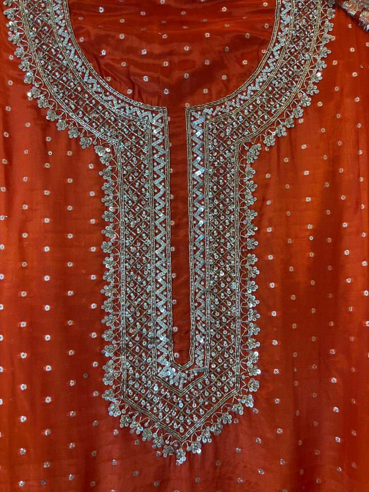 Rust Orange Pure Silk Banarasi Embroidered Ensemble