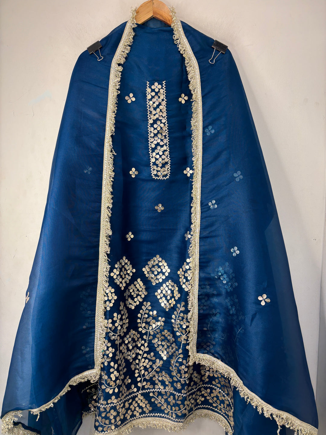 Aaira – Blue Organza Shimmer Leather Patch Suit