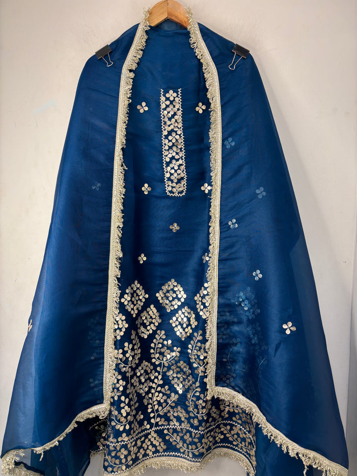 Aaira – Blue Organza Shimmer Leather Patch Suit