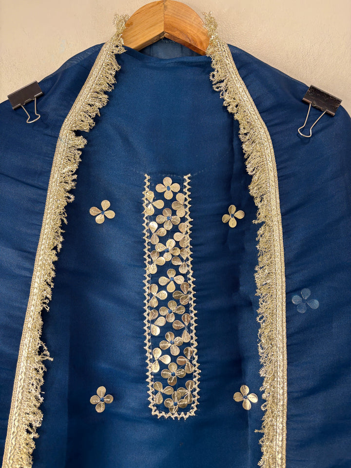 Aaira – Blue Organza Shimmer Leather Patch Suit