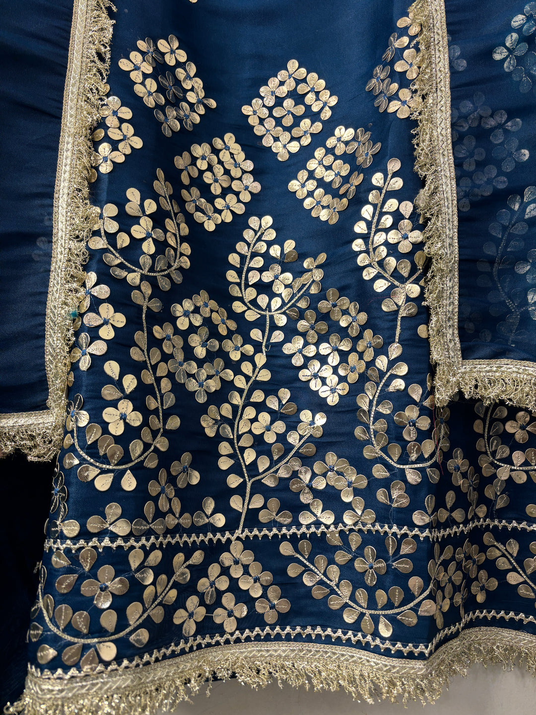 Aaira – Blue Organza Shimmer Leather Patch Suit