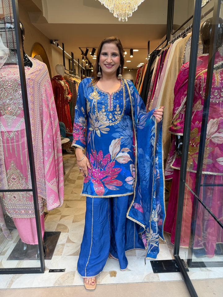 Blue Silk Organza Digital Printed Sharara Set with Handwork