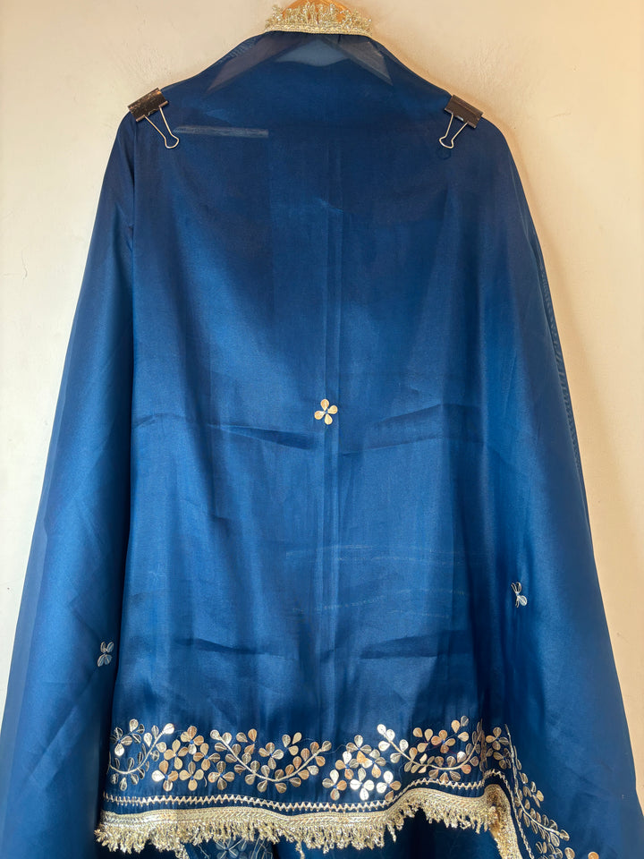Aaira – Blue Organza Shimmer Leather Patch Suit