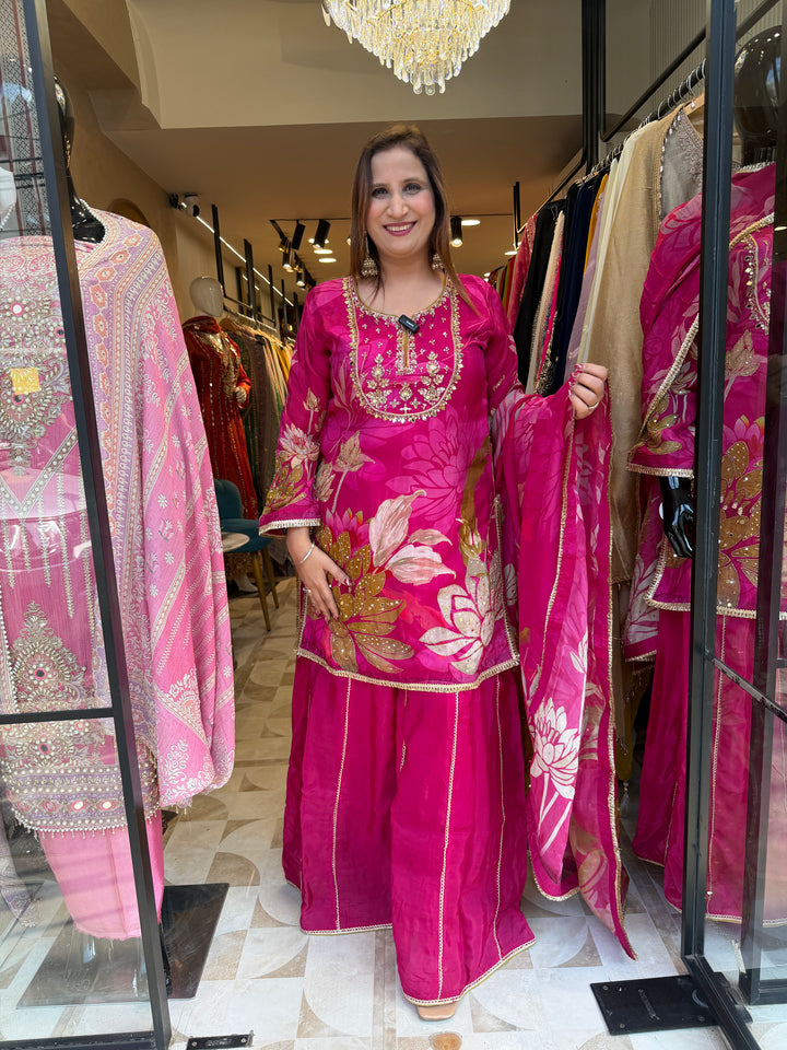 Pink Silk Organza Digital Printed Sharara Set with Handwork