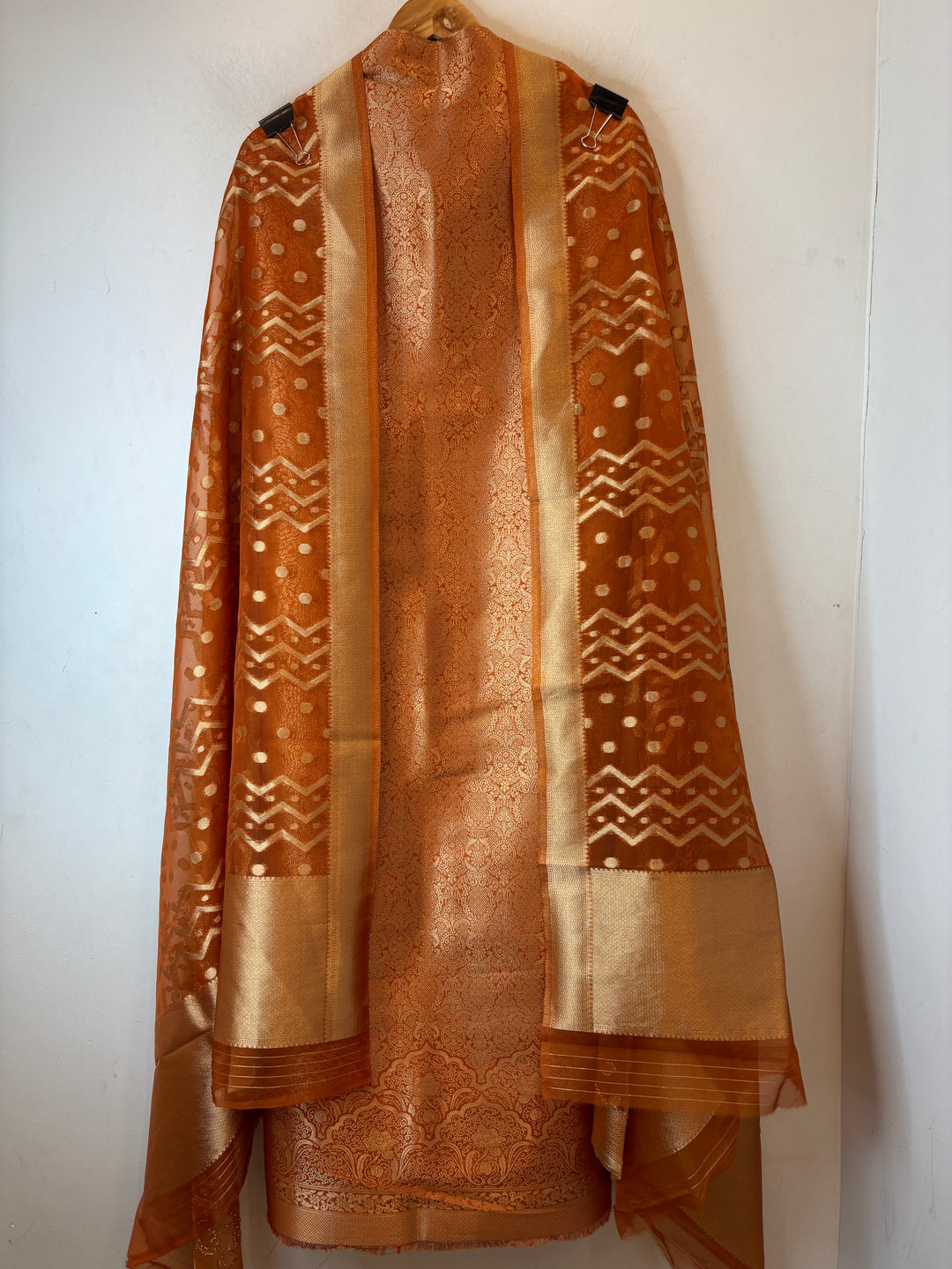 Ruhani – Rust Orange Brocade &amp; Zari Organza Ensemble