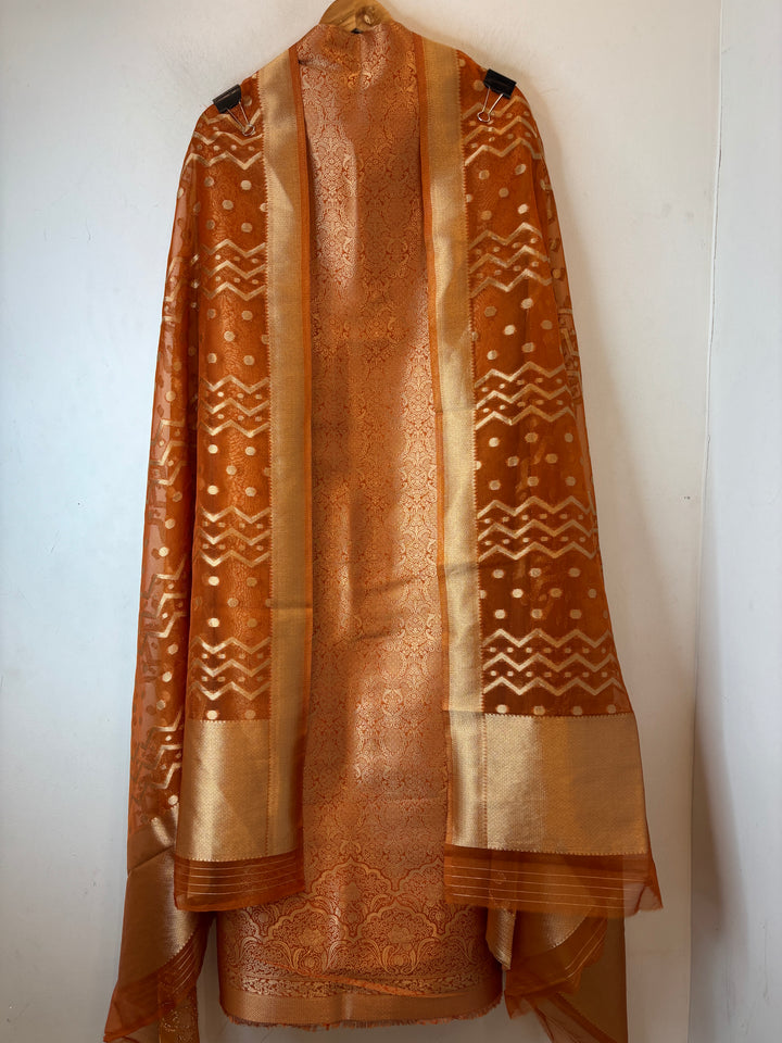 Ruhani – Rust Orange Brocade &amp; Zari Organza Ensemble