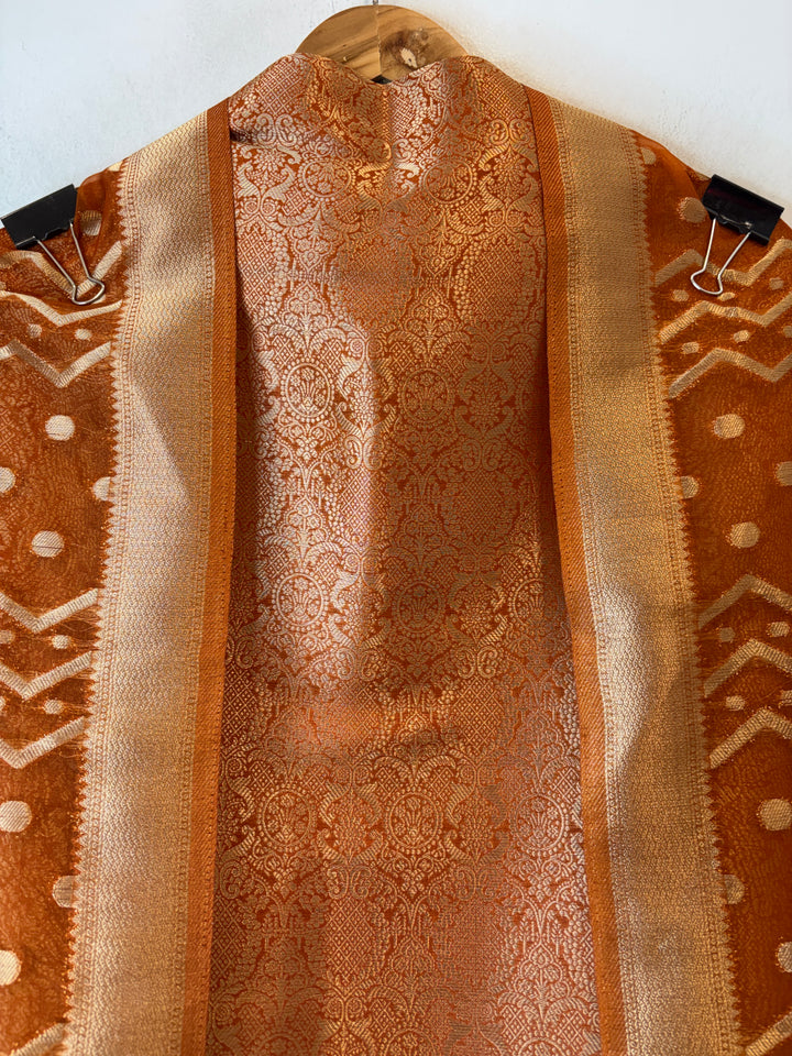 Ruhani – Rust Orange Brocade &amp; Zari Organza Ensemble