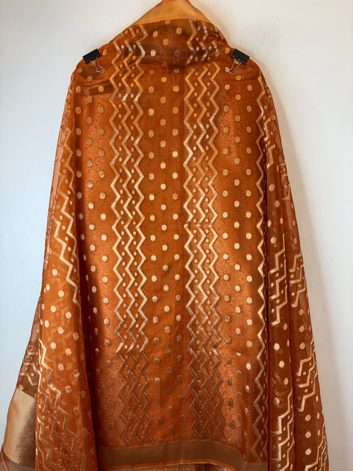 Ruhani – Rust Orange Brocade &amp; Zari Organza Ensemble