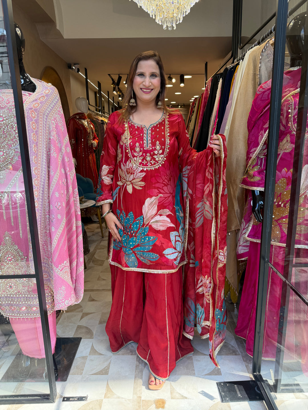 Red Silk Organza Digital Printed Sharara Set with Handwork