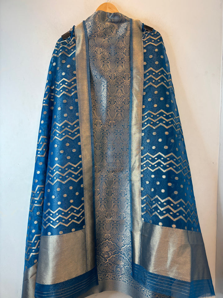 Ruhani – Royal Blue Brocade &amp; Zari Organza Ensemble