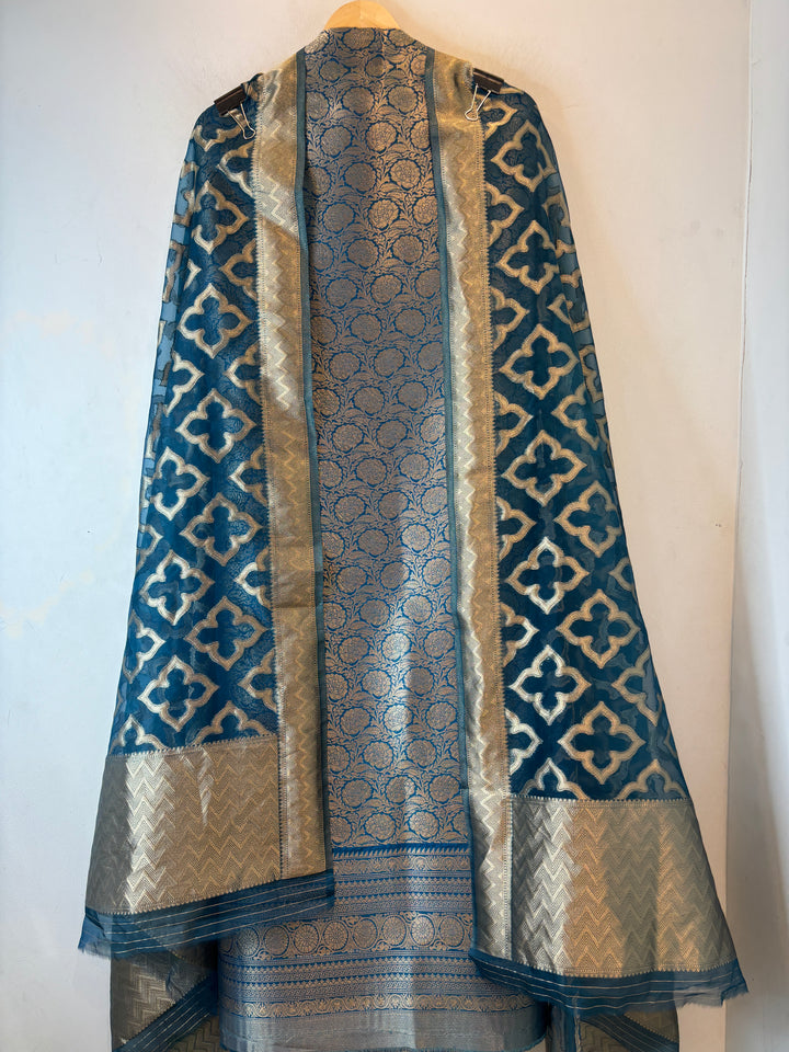 Ruhani – Deep Teal Brocade &amp; Zari Organza Ensemble