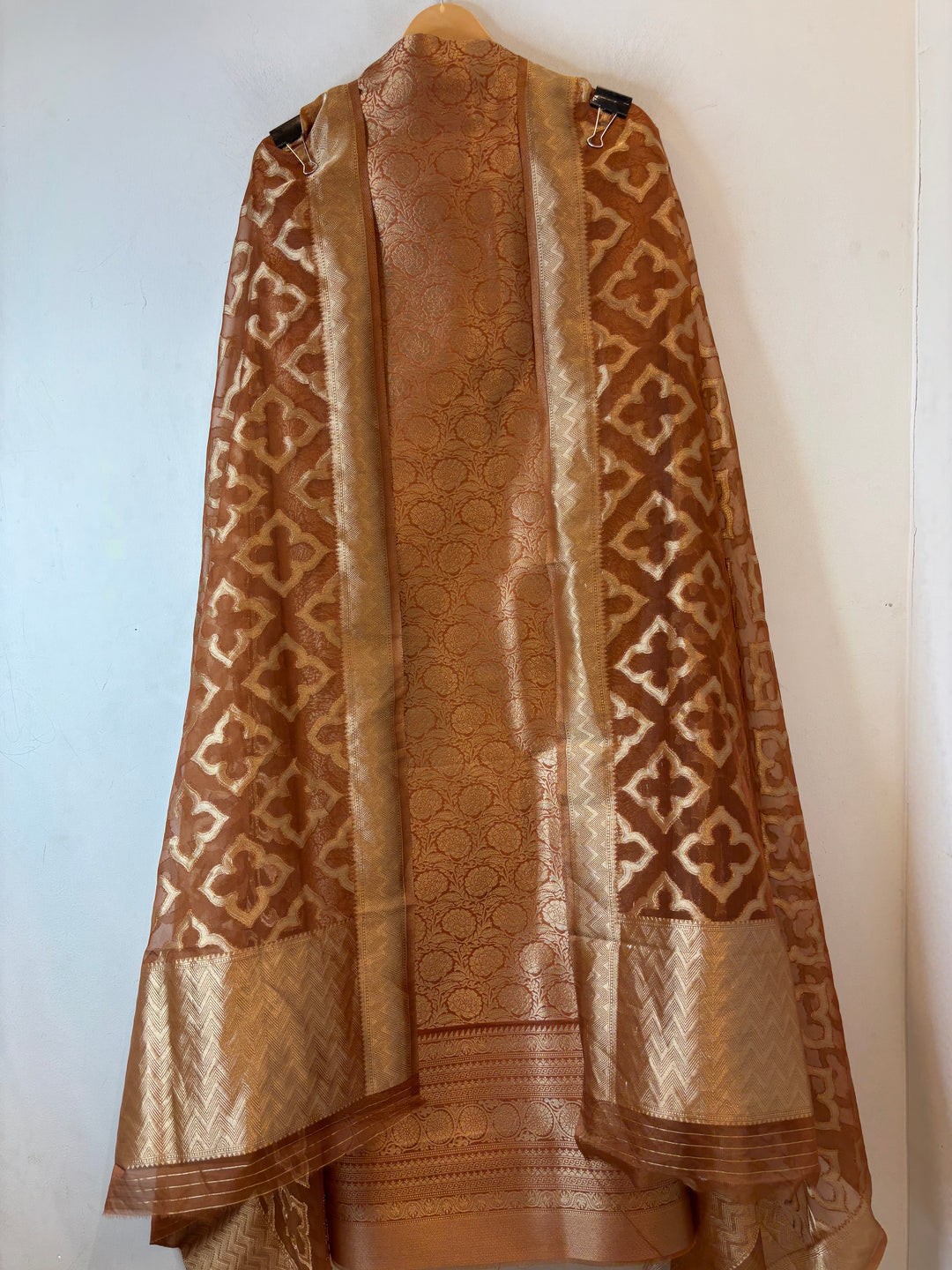 Ruhani – Antique Rust Brown Brocade &amp; Zari Organza Ensemble