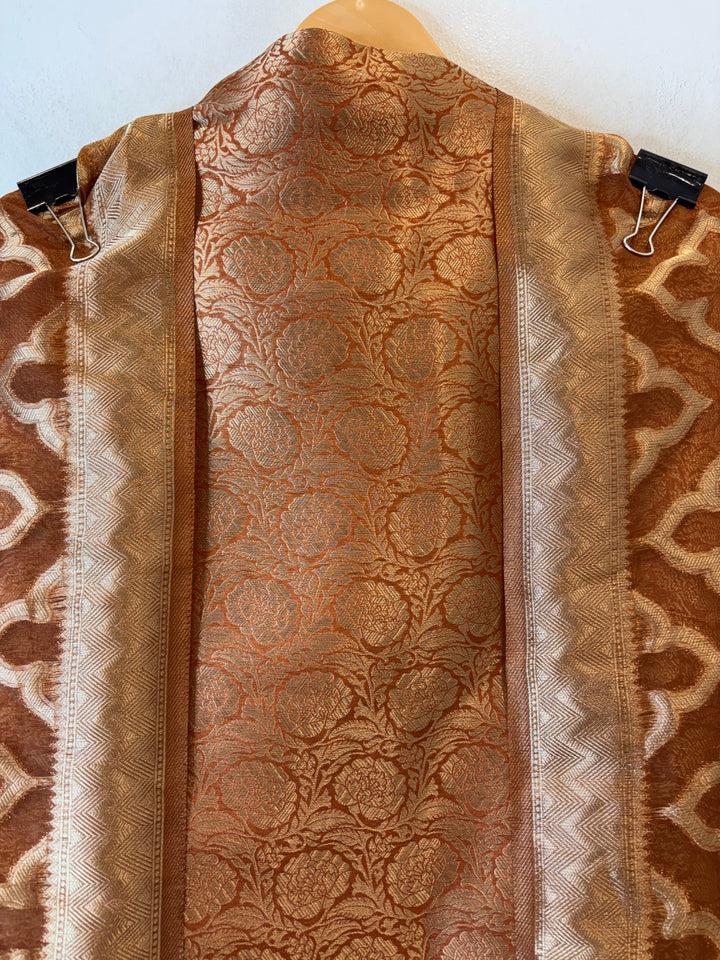Ruhani – Antique Rust Brown Brocade &amp; Zari Organza Ensemble