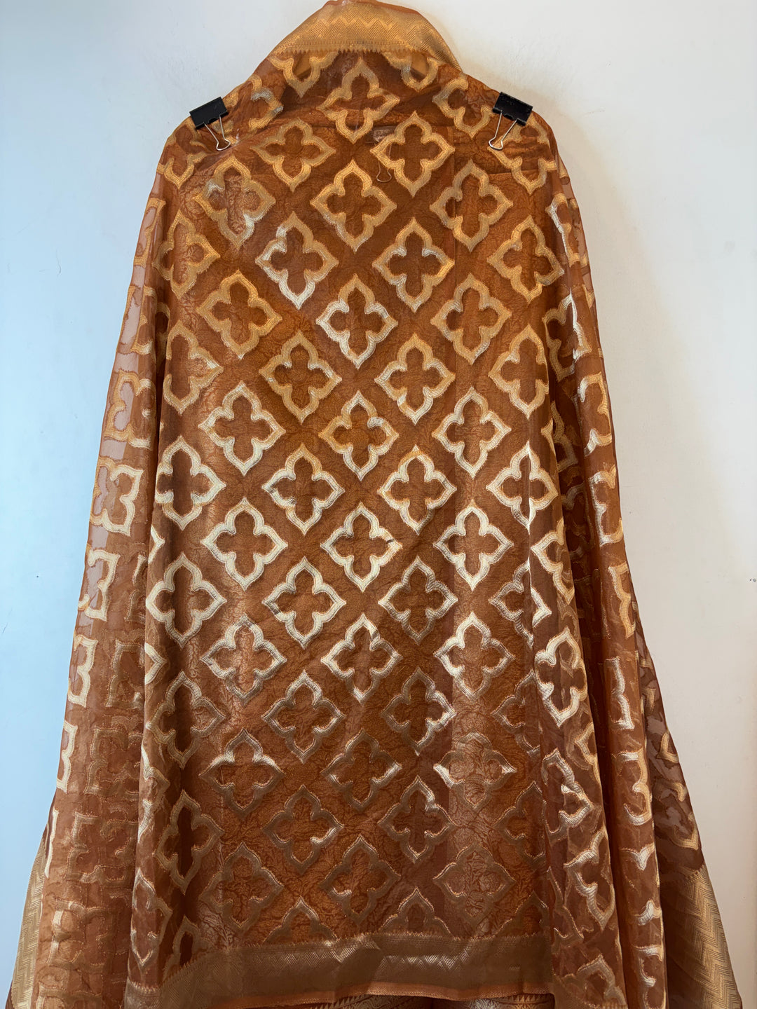 Ruhani – Antique Rust Brown Brocade &amp; Zari Organza Ensemble