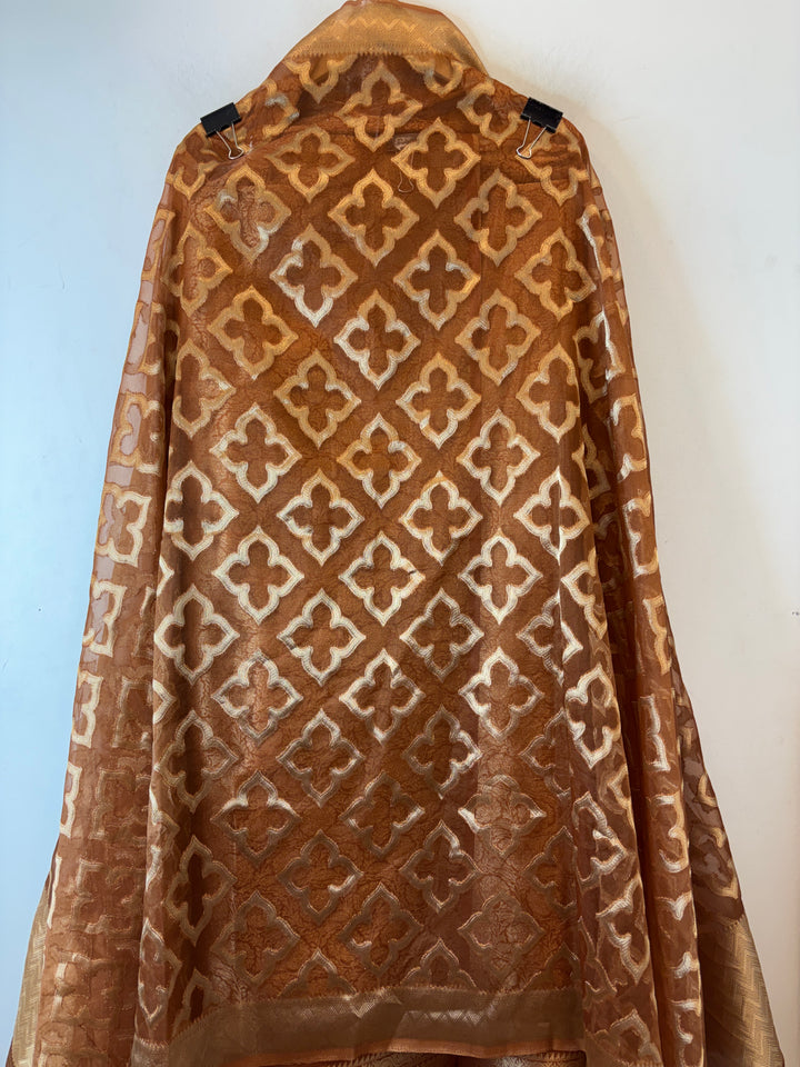 Ruhani – Antique Rust Brown Brocade &amp; Zari Organza Ensemble