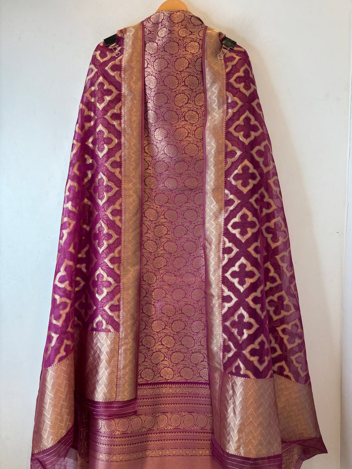 Ruhani – Wine Brocade &amp; Zari Organza Ensemble